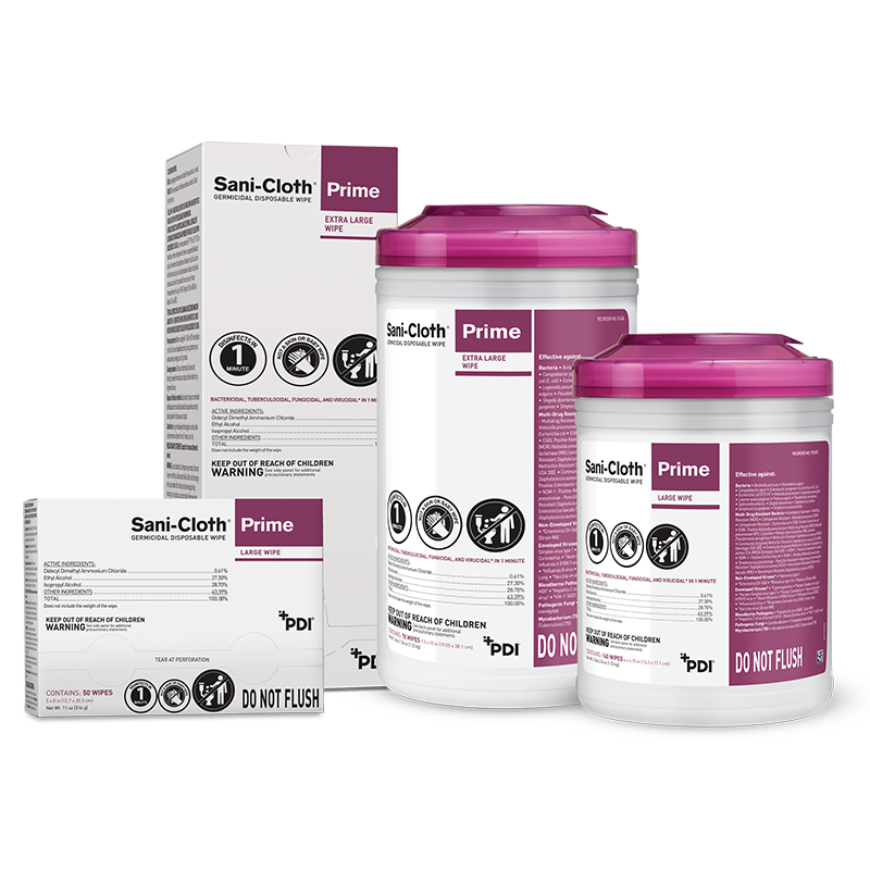 thumbnail interactive-video image 1 of PDI Sani-Cloth Prime Germicidal Wipes – 65 Extra Large Wipes Per Canister – Case Of 6 – EPA 9480-12, Made In USA 1 of 3