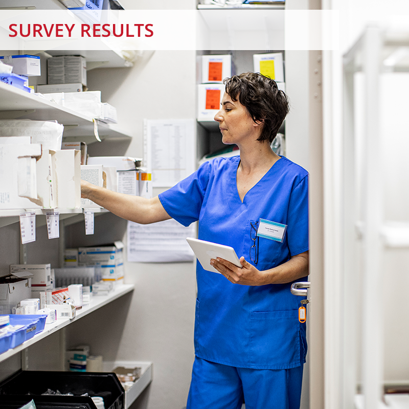Young female doctor doing a medical supplies inventory in a hospital closet stock photo